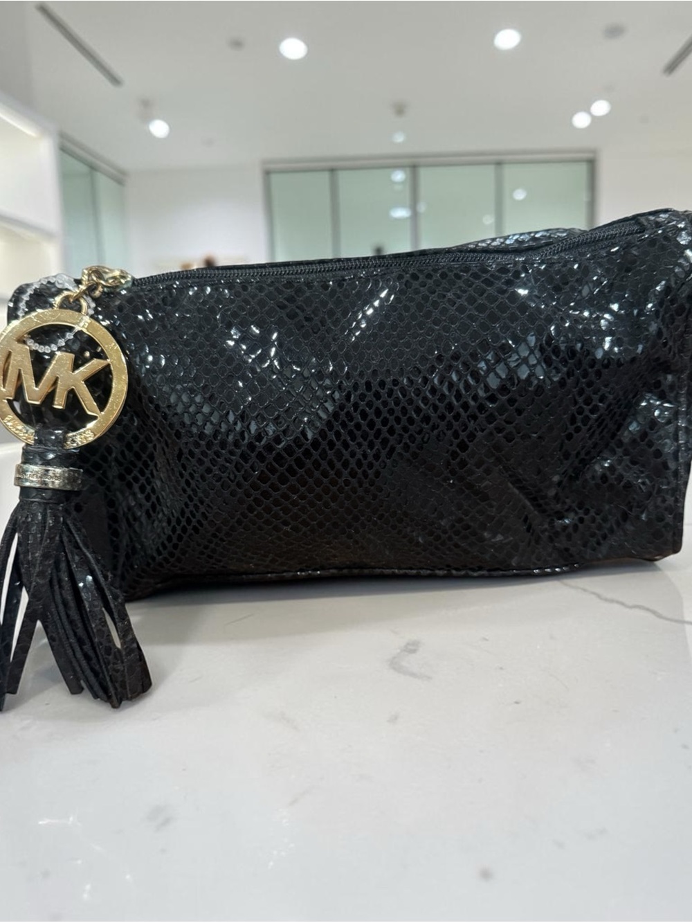 Michael Kors Black Snakeskin-Effect Cosmetic Bag with Gold MK Charm
